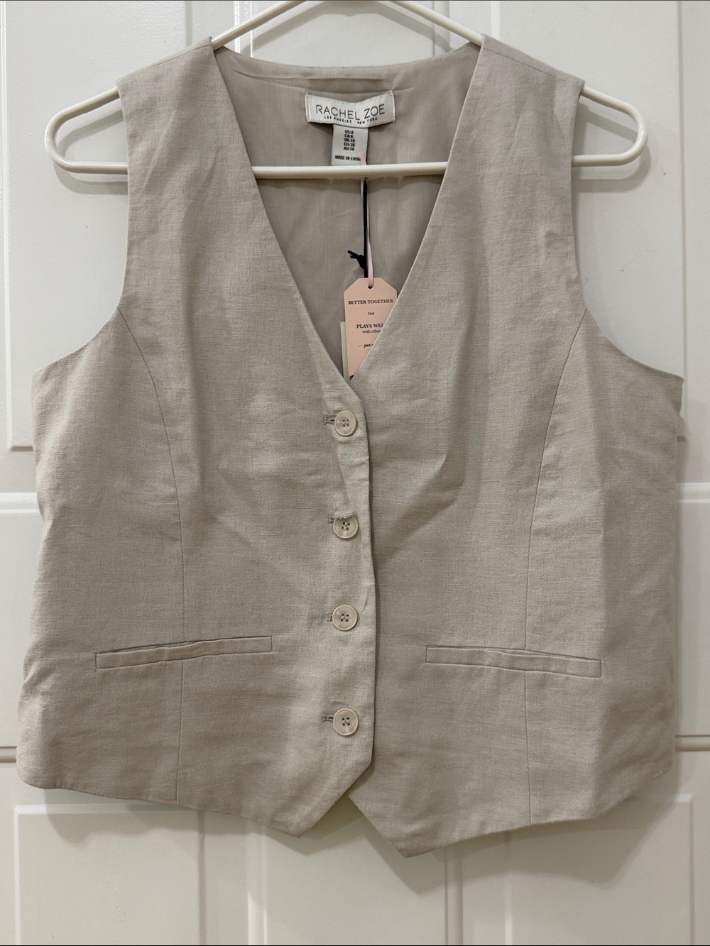 Rachel Zoe Beige Linen-Blend Tailored Vest